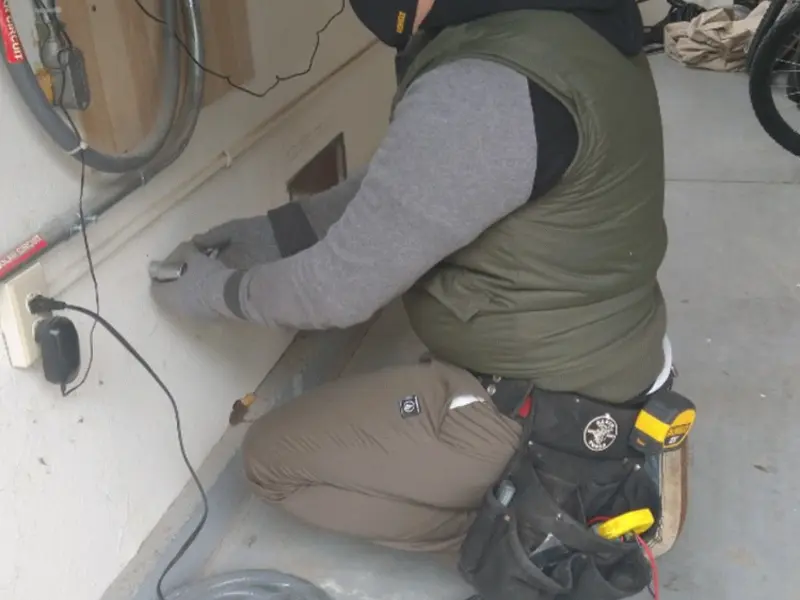 Electrician performing outlet wiring in a East Earl garage
